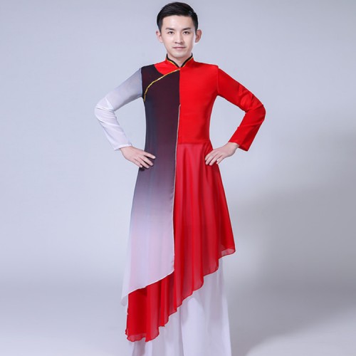 China style men's chinese folk dance costumes kungfu wushu black and red martial stage performance cosplay dancing tops and pants
